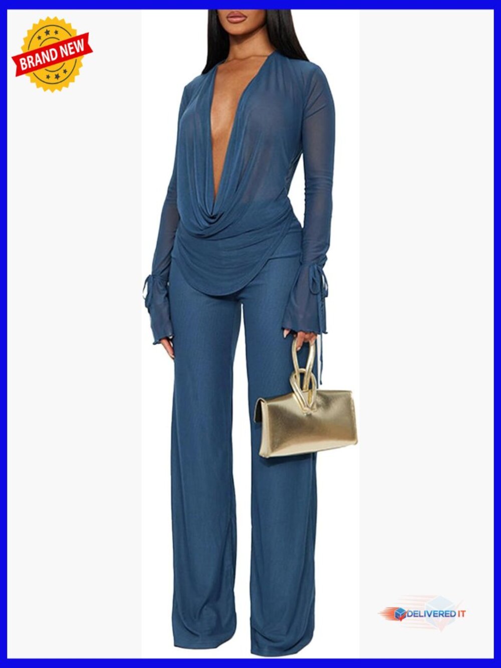 Sexy 2 Piece Mesh See Through Top And Long Pants Set Going Out Club Outfit